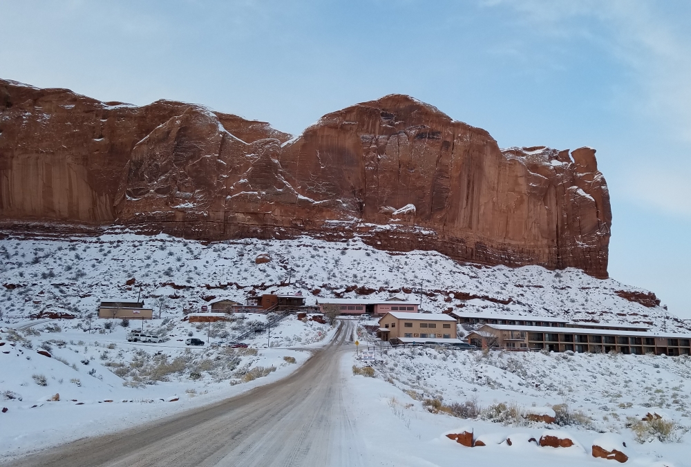Monument Valley buildings covered in snow